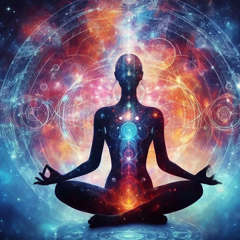 Meditating figure with glowing aura